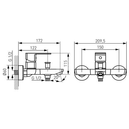 Bateria wannowa ścienna FERRO ALBA VERDELINE, kolor chrom