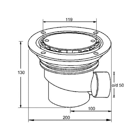 Wpust podłogowy wykonany z ABS z odpływem 50mm, czyszczony od góry z kratką ze stali nierdzewnej120mm