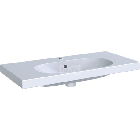 Umywalka GEBERIT Acanto prostokątna, biała, 900mm, otwór na baterię na środku, z odpływem przelewowym, półki z obu stron