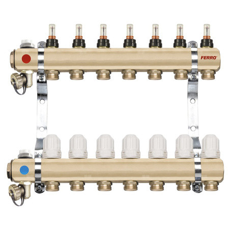 Rozdzielacz do ogrzewania podłogowego FERRO RZP10S 10-obieg. mosiądz gw 1'' x gz 3/4'' + przepływomierz + termostat