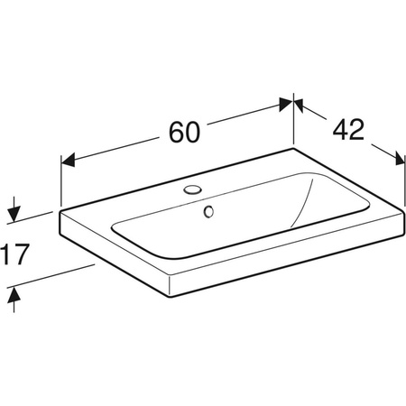 Umywalka GEBERIT iCon Light prostokątna, biała, 600mm, otwór na baterię na środku, z odpływem przelewowym, półka od ściany