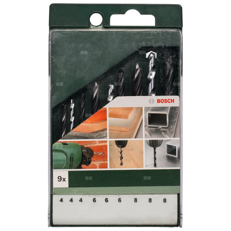 9-częściowy zestaw Wierteł : do metalu HSS-R/do kamienia/drewna 4,0 mm x 75 mm, 6,0 mm x 93 mm, 8,0 mm x 117 mm, 4,0 mm x 75 mm,