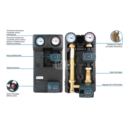 Grupa pompowa AFRISO PrimoTherm 180-2 AP DN 25 3-WM-R Vario GZ x GW 1 1/2'' x 1'', z zaworem mieszającym, z izolacją, z pompą obiegową