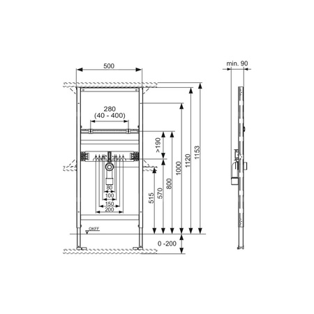 Stelaż podtynkowy do umywalki TECE profil, 1120 x 500 x 90 mm, regulowana wysokość
