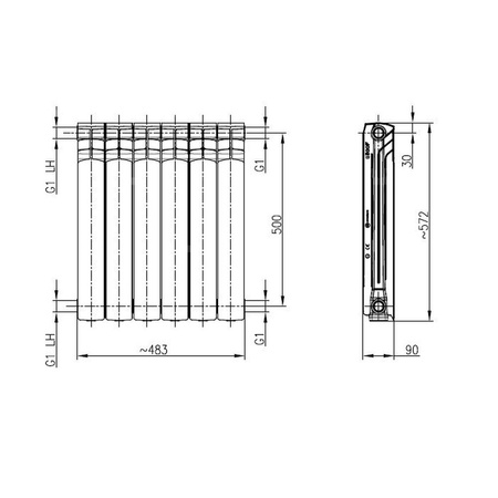 Grzejnik żeberkowy KFA Armatura G500F 572 x 483 mm, kolor grafit (RAL 9007), moc 846 W