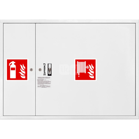 Hydrant DN52 zawieszany z miejscem na gaśnicę obok kosza, wąż 15m, zamek patent, RAL 9003