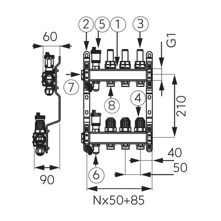 Rozdzielacz do ogrzewania podłogowego FERRO SN-RZPU09S 9-obieg. stal nierdzewna GW 1'' x GZ 3/4'' + przepływomierz + termostat + zawór napełn/spust + odpowietrznik