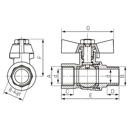 Zawór kulowy FERRO Herkules typ V17 1/2'' GW x GZ, uchwyt: motylek