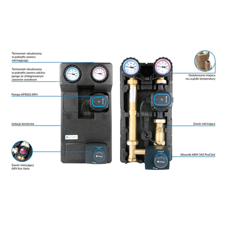Grupa pompowa AFRISO PrimoTherm 180-2 DN 25 AP 3-WM-SM Vario GZ x GW 1 1/2'' x 1'', z zaworem mieszającym, z izolacją, z pompą obiegową, z siłownikiem arm 343 proclick