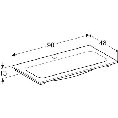 Umywalka GEBERIT iCon prostokątna, biała, 900mm, otwór na baterię na środku, nakładany od góry, bez odpływu przelewowego, półka od ściany