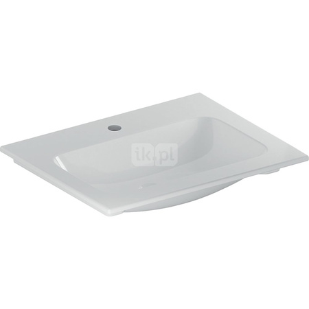 Umywalka GEBERIT iCon prostokątna, biała, 600mm, otwór na baterię na środku, nakładany od góry, bez odpływu przelewowego, półka od ściany