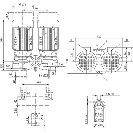 Pompa obiegowa WILO VeroTwin-DPL 80/155-7,5/2-IE3 typu in-line z silnikiem znormalizowanym 50 Hz, moc silnika 7.5kW 13.9 A 2900 obr/min, wlot Kołnierz DN 80
