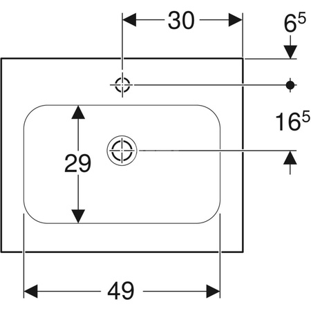 Umywalka GEBERIT iCon prostokątna, biała, 600mm, otwór na baterię na środku, nakładany od góry, bez odpływu przelewowego, półka od ściany