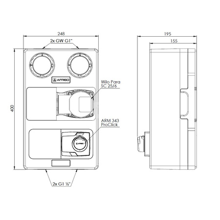 Grupa pompowa AFRISO PrimoTherm K 180-2 DN25 WP 3-WM-SM GZ x GW 1 1/2'' x 1'', z zaworem mieszającym, z izolacją, z pompą obiegową, z siłownikiem arm 343 proclick