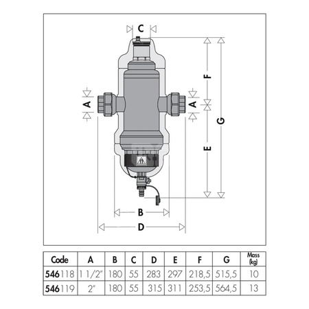 Separator CALEFFI DISCALDIRTMAG, 10 bar / 100'C, 1 1/2'', z wkładem magnesowym