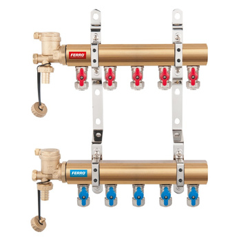 Rozdzielacz do instalacji c.o. FERRO N-RO03S mosiądz 1'', 3-obieg. GW zawór kulowy 16x2mm