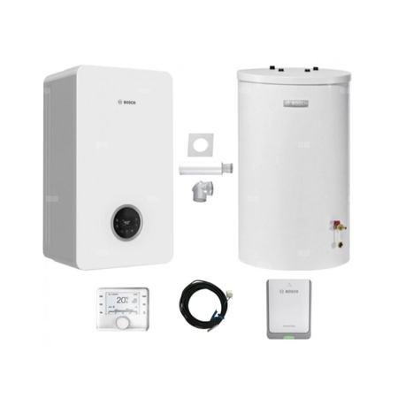 Pakiet - Kocioł gazowy jednofunkcyjny BOSCH TERMOTECHNIKA CONDENS GC2300iW15P kondensacyjny wiszący 16.1 kW+ Zestaw powietrzno-spalinowy 2574 (poziomy) + Czujnik c.w.u. + Regulator CW400 + Moduł sterowania K30RF + Zasobnik c.w.u WST120-5O