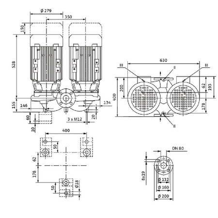 Pompa obiegowa WILO VeroTwin-DPL 80/145-5,5/2-IE3 typu in-line z silnikiem znormalizowanym 50 Hz, moc silnika 5.5kW 10 A 2900 obr/min, wlot Kołnierz DN 80