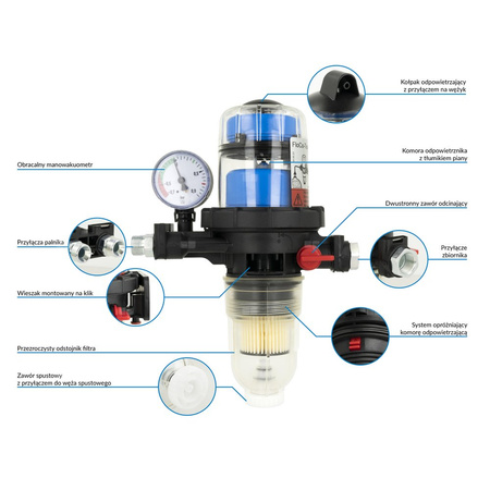 Filtr olejowy AFRISO FloCo-Top-2CM MS-5zintegrowany z odpowietrznikiem fi 3/8''/3/8'' GW x GZ, z wkładem opticlean, maks. przepływ 100 l/h