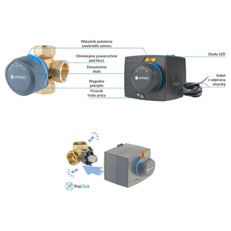 Zawór obrotowy czterodrogowy AFRISO ARV 482 ProClick, mieszający, Siłownik elektryczny ARM 343 ProClick, DN 20
