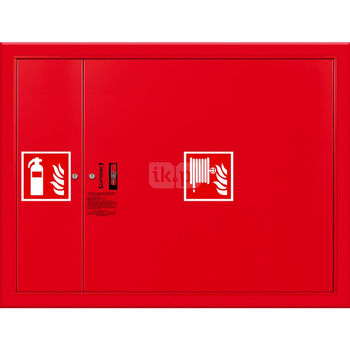 Hydrant DN33 wnękowy z miejscem na gaśnicę obok zwijadła, wąż 30m, ocynk fasada, zamek patent, RAL 3000