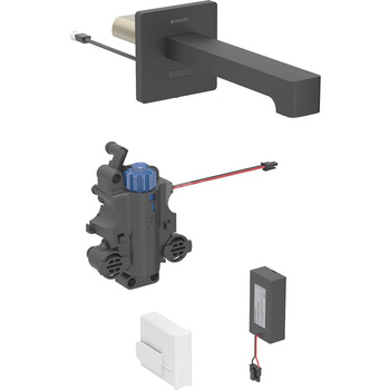 Bateria umywalkowa Geberit Brenta, ścienna, zasilanie bateryjne, do podtynkowej skrzynki funkcyjnej, z mieszaczem termostatycznym, L=17cm, czarny mat