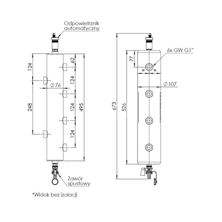 Sprzęgło hydrauliczne ocieplone BLH 850 z rozdzielaczem, 70 kW, 6x GW G1'', 2x GW G1/2'', odpowietrznik automatyczny, zawór spustowy