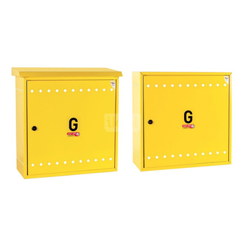 Skrzynka gazowa, 450x450x250, naścienna, metalowa,  ze skośnym daszkiem - żółta, (na gazomierz G4/G6 bez reduktora)