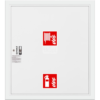 Hydrant DN33 wnękowy z miejscem na gaśnicę pod zwijadłem, wąż 20m, ocynk fasada, zamek patent, RAL 9003