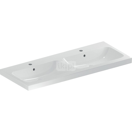 Umywalka GEBERIT iCon Light podwójna 2-stanowiskowa prostokątna, biała, 1200mm, otwór na baterię na środku, z odpływem przelewowym, półka od ściany
