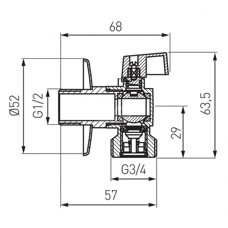 Zawór kulowy FERRO Z rozetą 1/2'' x 3/4'' kątowy, uchwyt: motylek aluminiowy