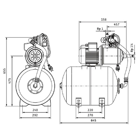 Hydrofor domowy Wilo-MultiPress HMP 605 DM-2 normalnie zasysający, zmniejszenie częstotliwości załączania i eliminacja skoków ciśnienia dzięki zbiornikowi ciśnieniowemu o pojemności 50 l