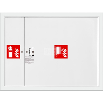 Hydrant DN33 wnękowy z miejscem na gaśnicę obok zwijadła,  wąż 20m, ocynk fasada, zamek patent, RAL 9003