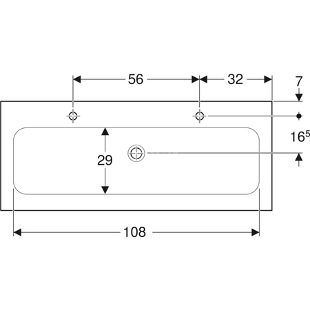 Umywalka GEBERIT iCon 2-stanowiskowa prostokątna, biała, 1200mm, otwór na baterię na środku (x2), nakładany od góry, bez odpływu przelewowego, półka od ściany