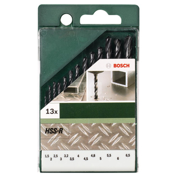 13-częściowy zestaw Wierteł do metalu HSS-R, DIN 338 1,5, 2,0, 2,5, 3,0, 3,2, 3,5, 4,0, 4,5, 4,8, 5,0, 5,5, 6,0, 6,5 mm