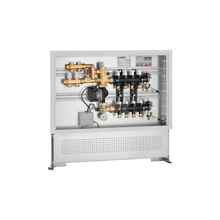 Zespół regulacyjny – regulacja stałotemperaturowa. Wstępnie zmontowany w skrzynce inspekcyjnej. 8 wyjść. Dodatkowy rozdzielacz obiegu pierwotnego z dwoma wyjściami.