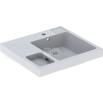 Umywalka GEBERIT Bambini prostokątna (z boczną półką na gąbkę), biała, 600mm, otwór na baterię na środku, z odpływem przelewowym, półka z lewej