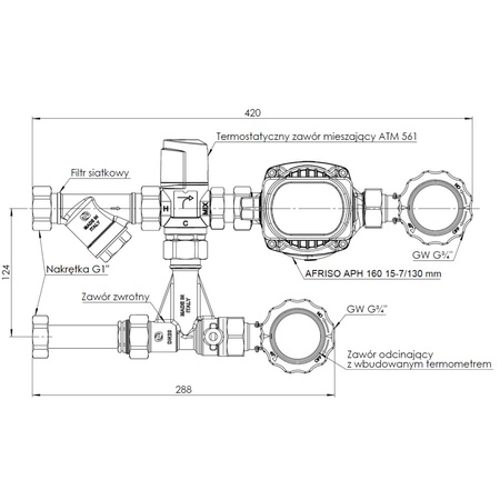 Grupa pompowa AFRISO BPS 991 AP nakrętka x GW 1'' x 3/4'', z zaworem mieszającym, z zaworem termostatycznym, z pompą obiegową