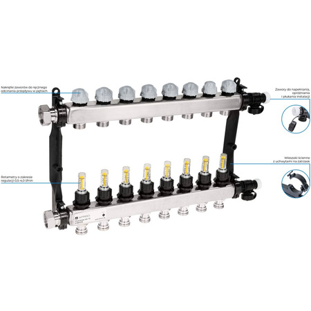 Rozdzielacz do ogrzewania podłogowego AFRISO ProCalida VA 1C 8-obieg. stal nierdzewna GZ 1'' x Euroconus 3/4''