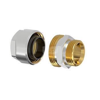 Złącze FLAMCO MEIBES PLUS DVGW Dwuczęściowy, mosiądz (Niklowanie) / mosiądz, 3/4'' x 1/2'' (eurokonus x PZ), 44.2 mm z uszczelką, PN10 bar