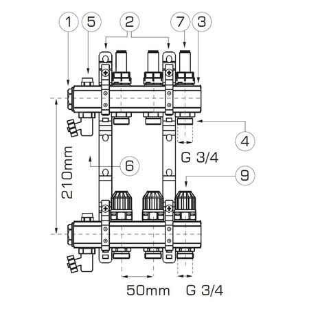 Rozdzielacz do ogrzewania podłogowego FERRO RZP08S 8-obieg. mosiądz gw 1'' x gz 3/4'' + przepływomierz + termostat