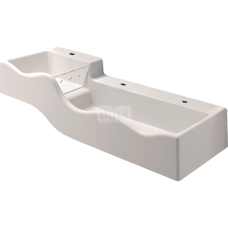 Umywalka GEBERIT Bambini podwójna 3-stanowiskowa prostokątna (rynna, bez elementów dekoracyjnych), biała, 1350mm, otwór na baterię na środku, bez odpływu przelewowego, półka od ściany