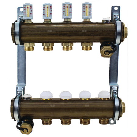 Rozdzielacz do ogrzewania podłogowego HERZ 15-obieg. mosiądz GW 1'' x GZ 3/4'' + przepływomierz + zawór napełn/spust + odpowietrznik