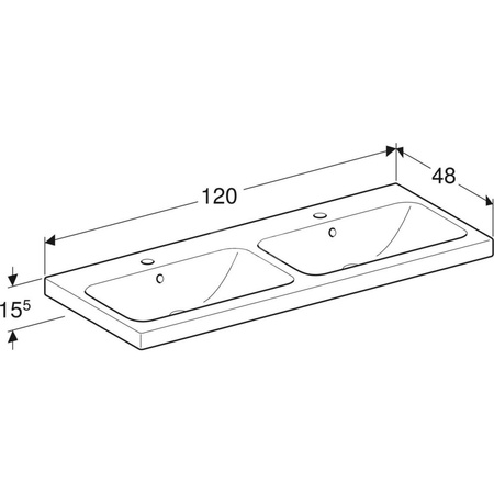 Umywalka GEBERIT iCon Light podwójna 2-stanowiskowa prostokątna, biała, 1200mm, otwór na baterię na środku, z odpływem przelewowym, półka od ściany
