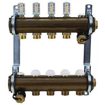 Rozdzielacz do ogrzewania podłogowego HERZ 9-obieg. mosiądz GW 1'' x GZ 3/4'' + przepływomierz + zawór napełn/spust + odpowietrznik
