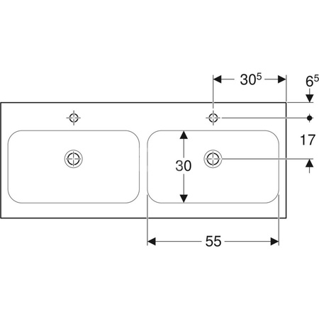 Umywalka GEBERIT iCon Light podwójna 2-stanowiskowa prostokątna, biała, 1200mm, otwór na baterię na środku, bez odpływu przelewowego, półka od ściany