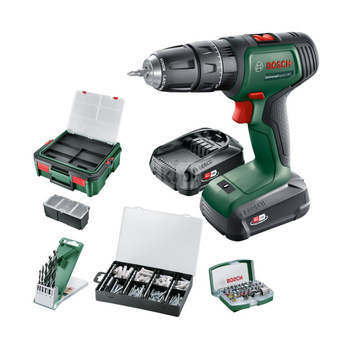 Bosch wiertarko-wkrętarka akumulatorowa z udarem UniversalImpact 18V (2x 1,5Ah) + 210 AC set + Systembox S