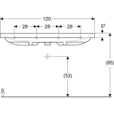 Umywalka GEBERIT iCon Light 2-stanowiskowa prostokątna, biała, 1200mm, bez otworu na baterię, z odpływem przelewowym, półka od ściany