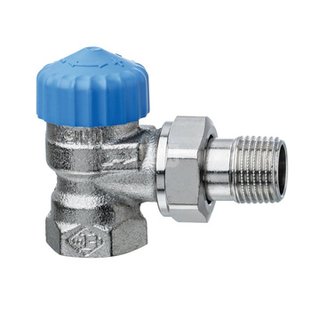 Zawór termostatyczny bez nastawy wstępnej o szczególnie małym oporze DN20, kapturek niebieski, kątowy