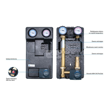 Grupa pompowa AFRISO PrimoTherm 180-2 DN25 3-WM-SM Vario GZ x GW 1 1/2'' x 1'', z zaworem mieszającym, z izolacją, z siłownikiem arm 343 proclick